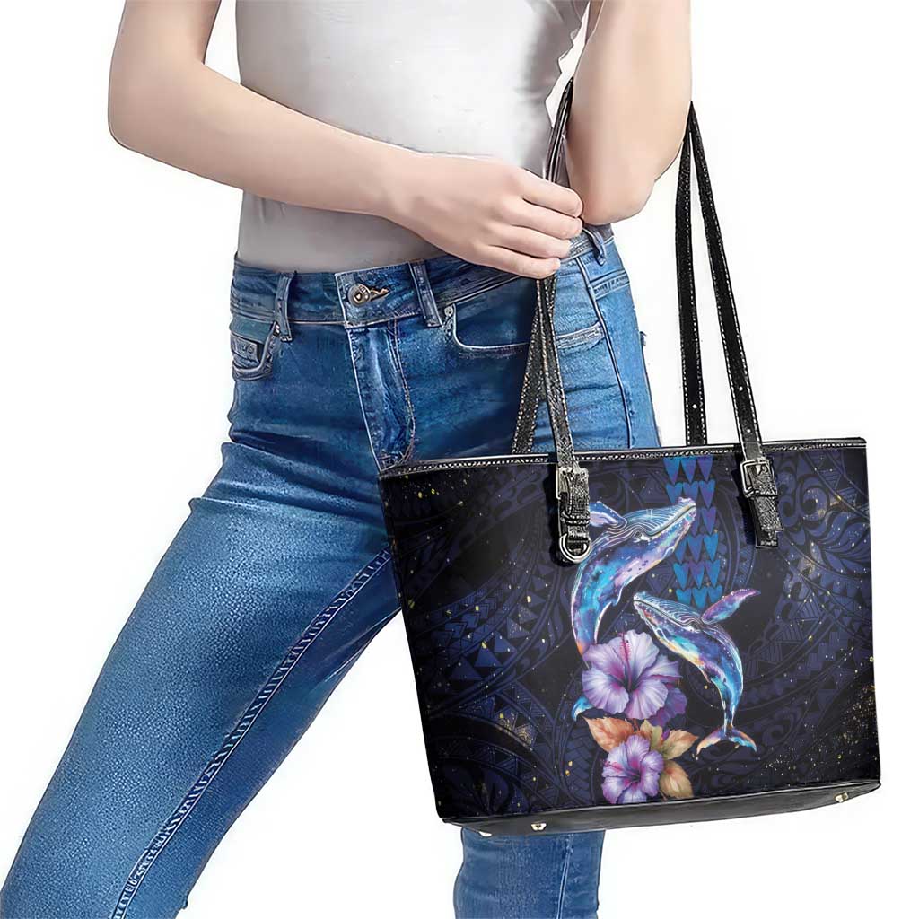 Hawaiian Whales Love Couple Leather Tote Bag Hibiscus and Kakau Art Tattoo Night Sky Vibe