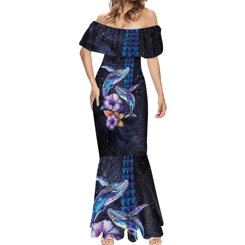 Hawaiian Whales Love Couple Mermaid Dress Hibiscus and Kakau Art Tattoo Night Sky Vibe