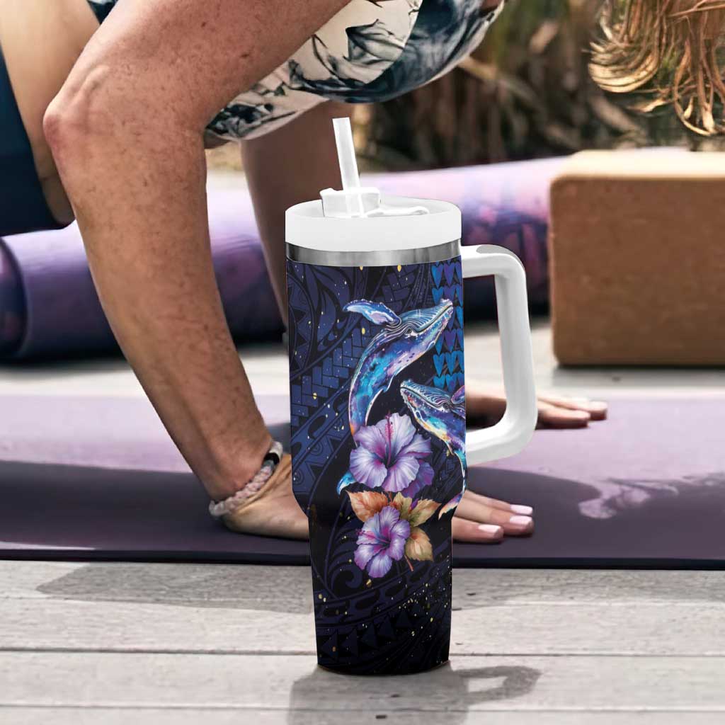 Hawaiian Whales Love Couple Tumbler With Handle Hibiscus and Kakau Art Tattoo Night Sky Vibe
