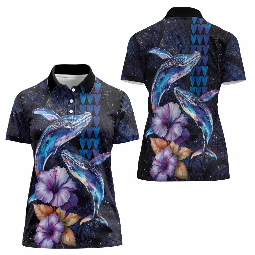Hawaiian Whales Love Couple Women Polo Shirt Hibiscus and Kakau Art Tattoo Night Sky Vibe