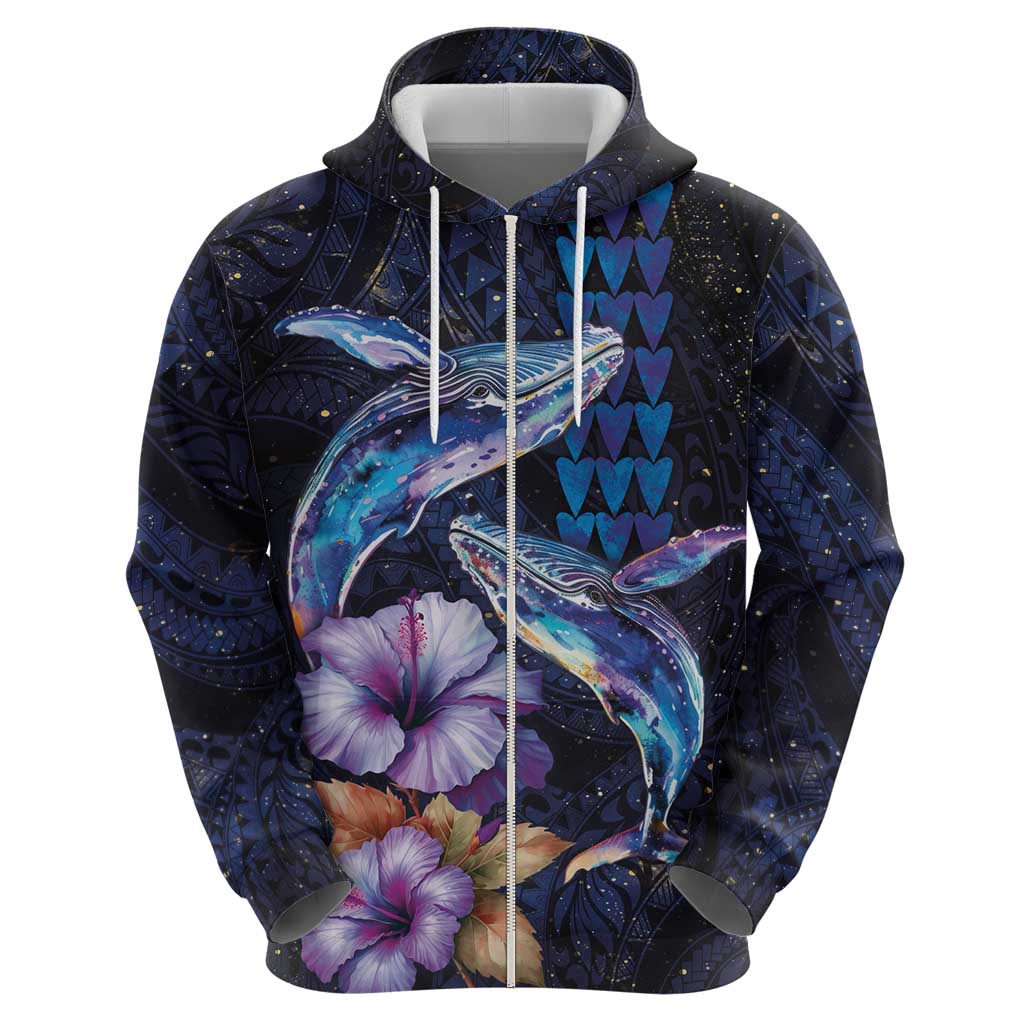 Hawaiian Whales Love Couple Zip Hoodie Hibiscus and Kakau Art Tattoo Night Sky Vibe