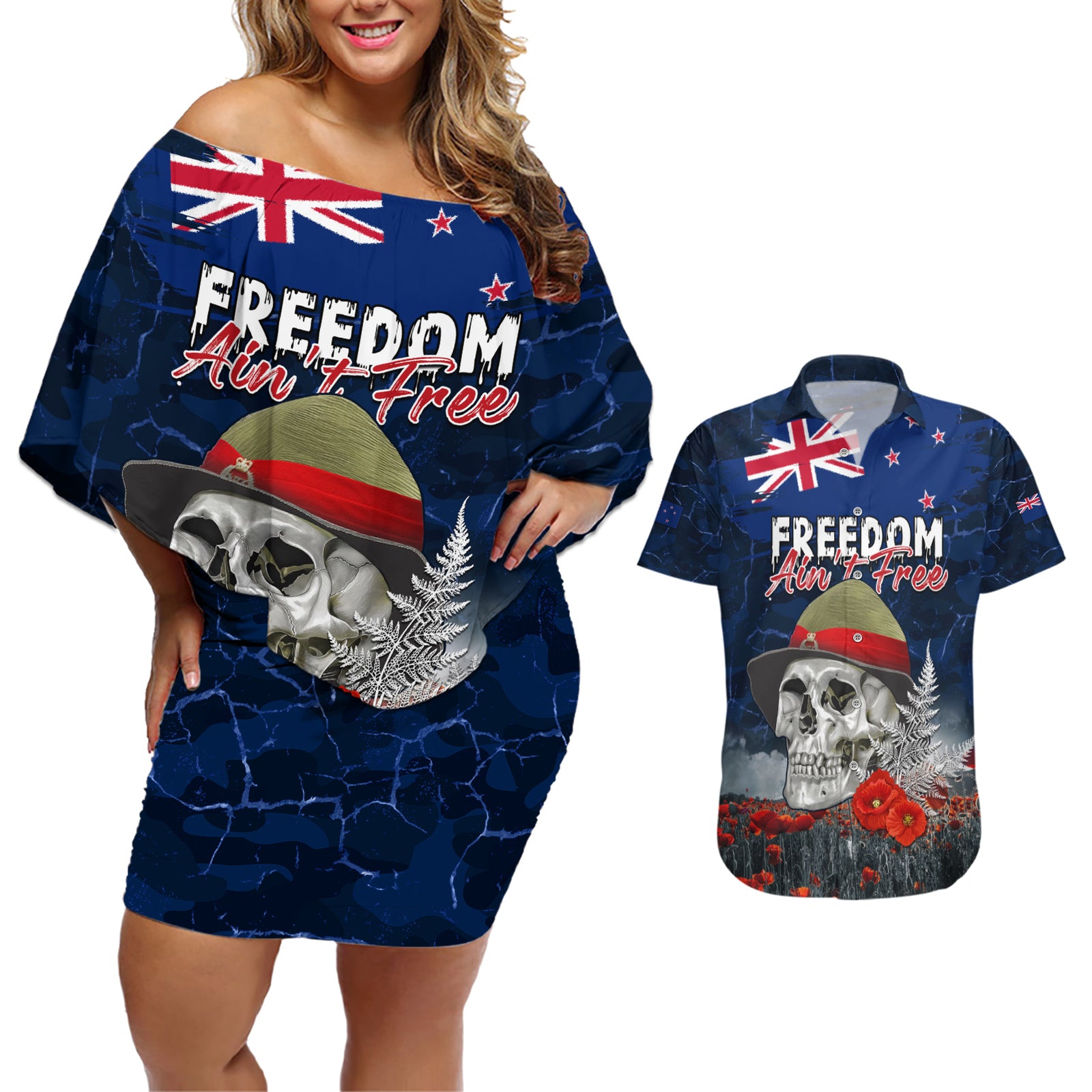 New Zealand ANZAC Day Couples Matching Off Shoulder Short Dress and Hawaiian Shirt Freedom Ain't Free LT05 Blue - Polynesian Pride
