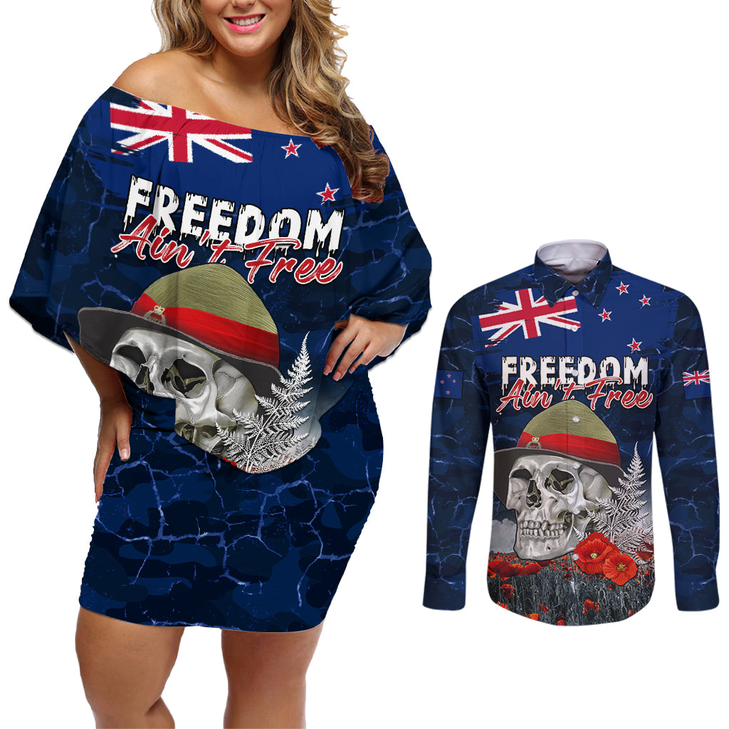 New Zealand ANZAC Day Couples Matching Off Shoulder Short Dress and Long Sleeve Button Shirt Freedom Ain't Free LT05 Blue - Polynesian Pride