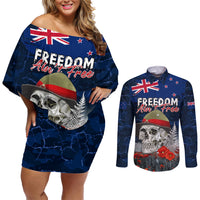 New Zealand ANZAC Day Couples Matching Off Shoulder Short Dress and Long Sleeve Button Shirt Freedom Ain't Free LT05 Blue - Polynesian Pride