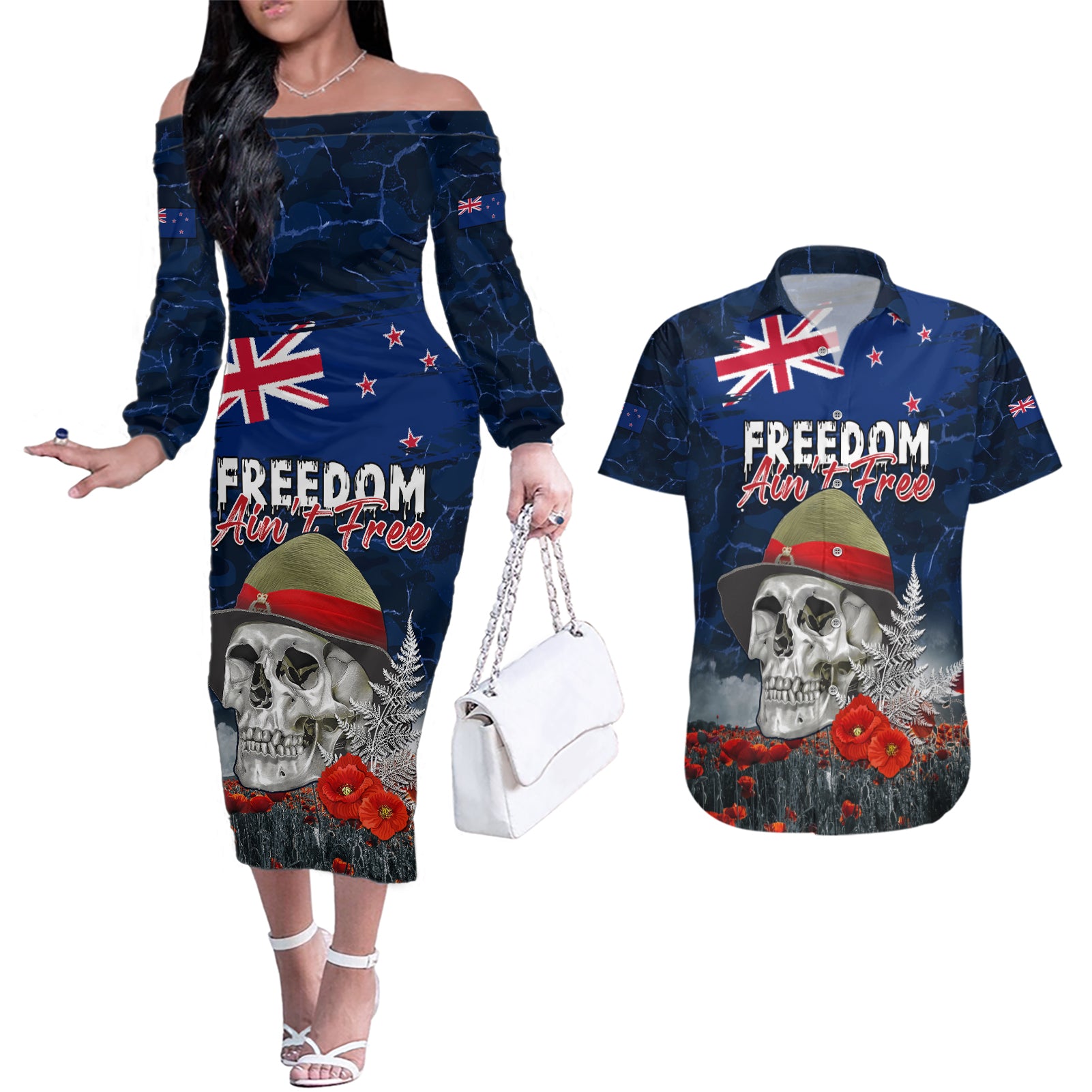 New Zealand ANZAC Day Couples Matching Off The Shoulder Long Sleeve Dress and Hawaiian Shirt Freedom Ain't Free LT05 Blue - Polynesian Pride