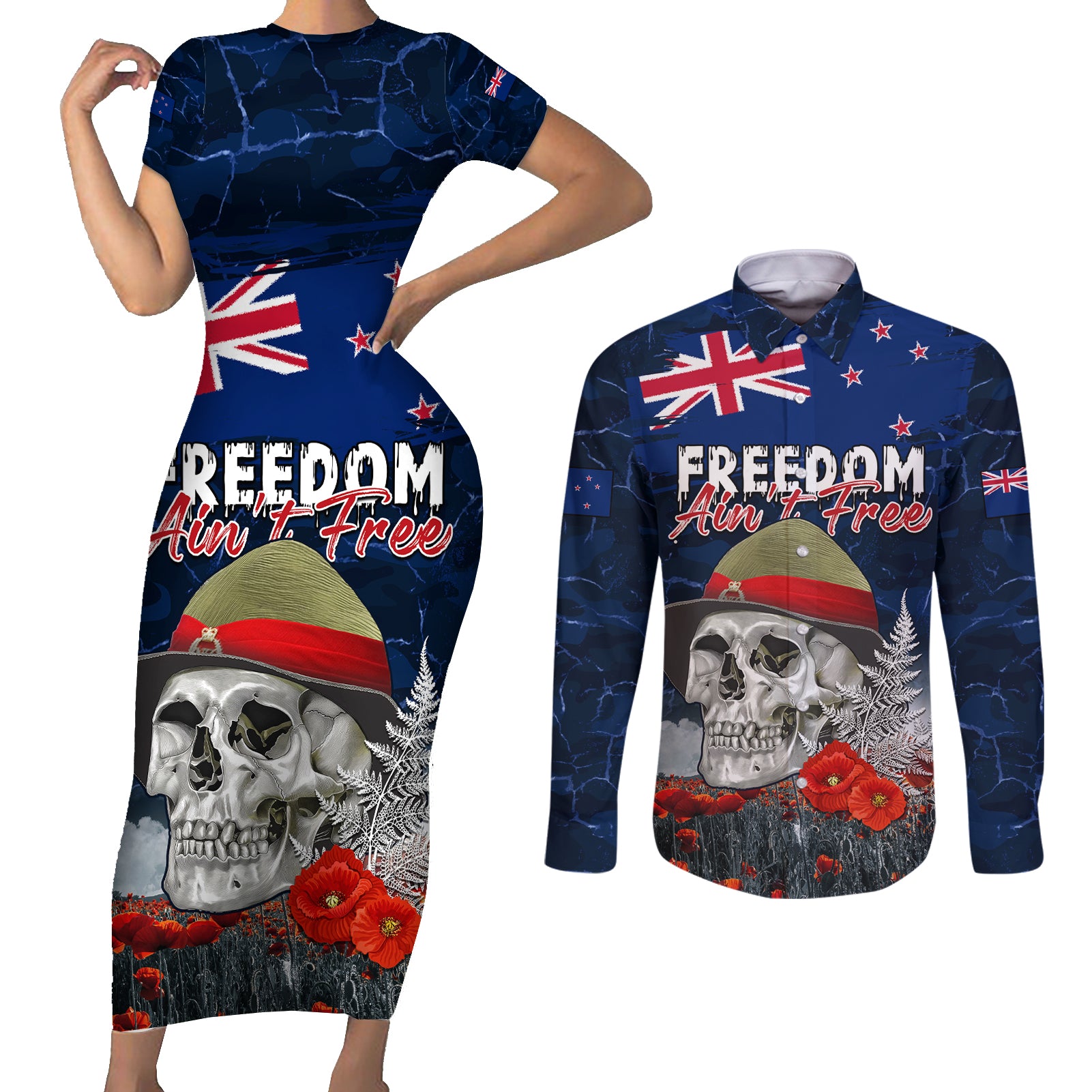 New Zealand ANZAC Day Couples Matching Short Sleeve Bodycon Dress and Long Sleeve Button Shirt Freedom Ain't Free LT05 Blue - Polynesian Pride
