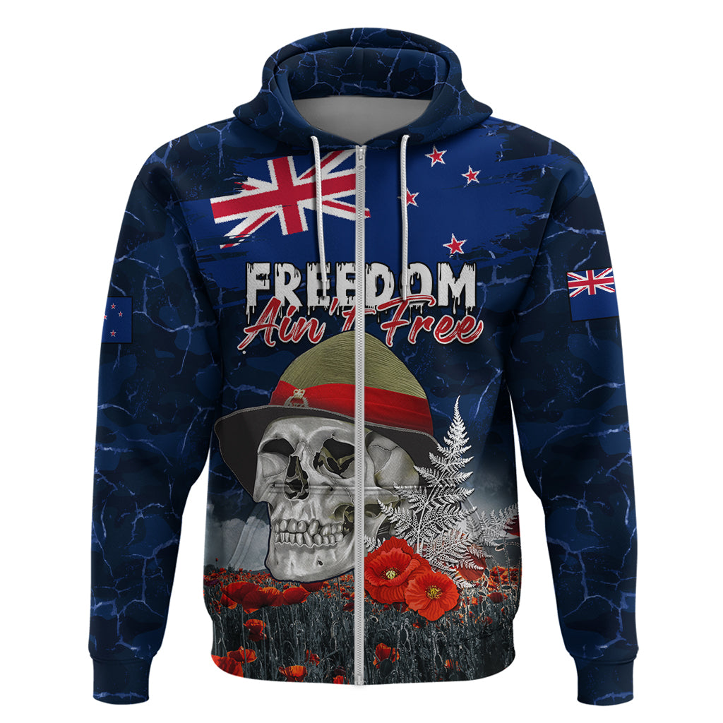 New Zealand ANZAC Day Hoodie Freedom Ain't Free LT05 Zip Hoodie Blue - Polynesian Pride