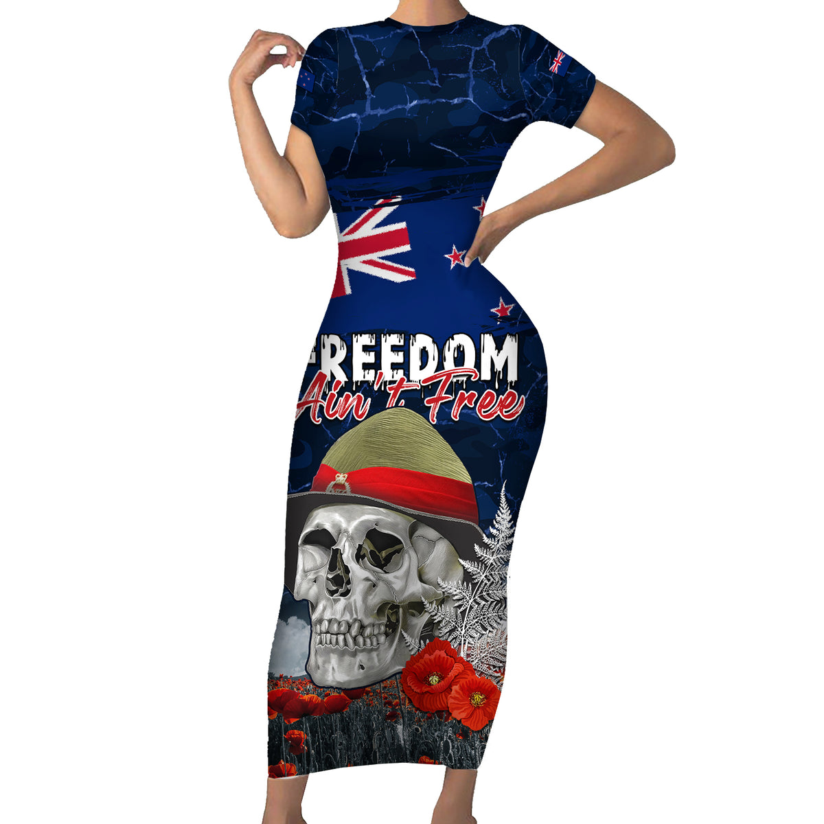 New Zealand ANZAC Day Short Sleeve Bodycon Dress Freedom Ain't Free LT05 Long Dress Blue - Polynesian Pride