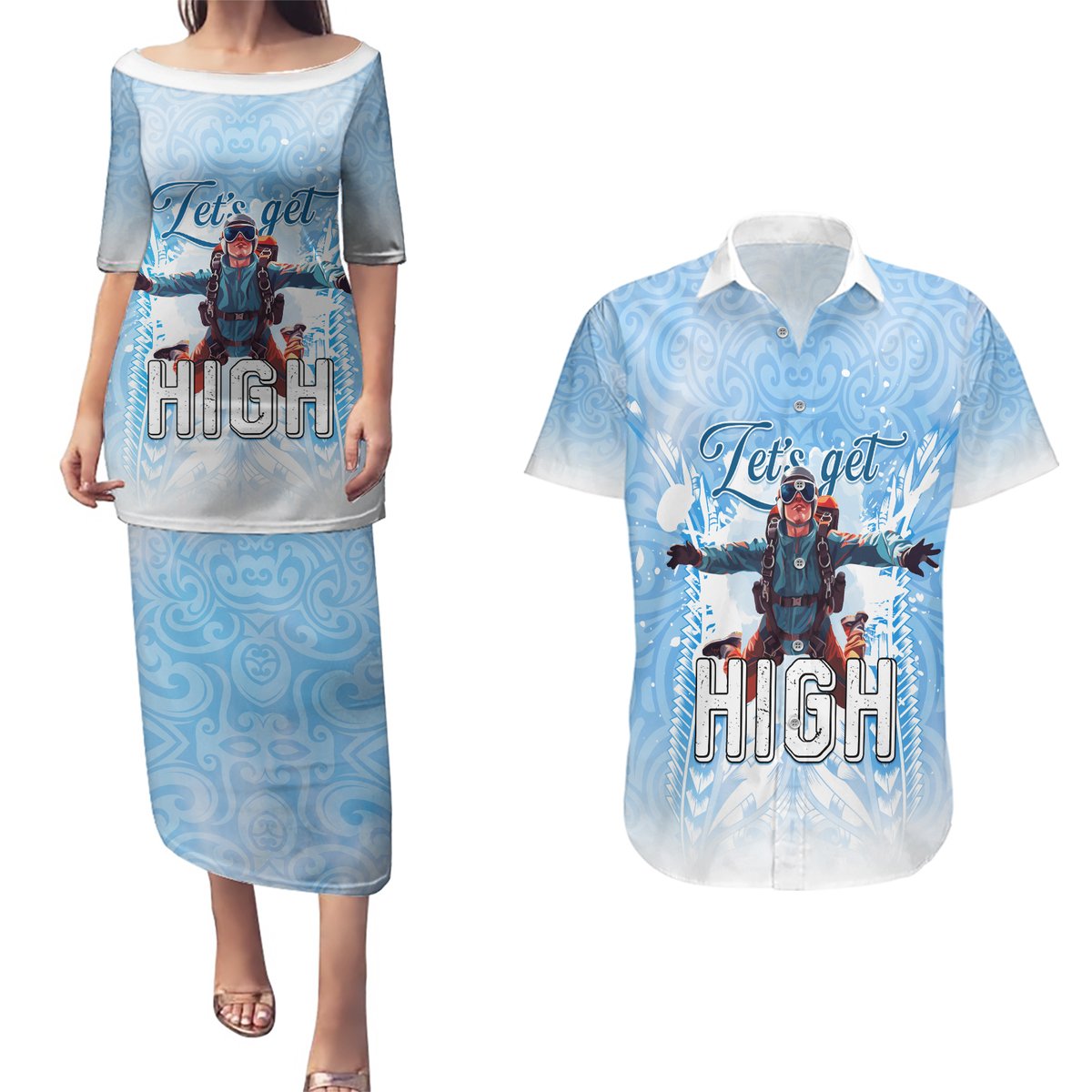 New Zealand Sky Diving Couples Matching Puletasi and Hawaiian Shirt Lets Get High LT05 Blue - Polynesian Pride