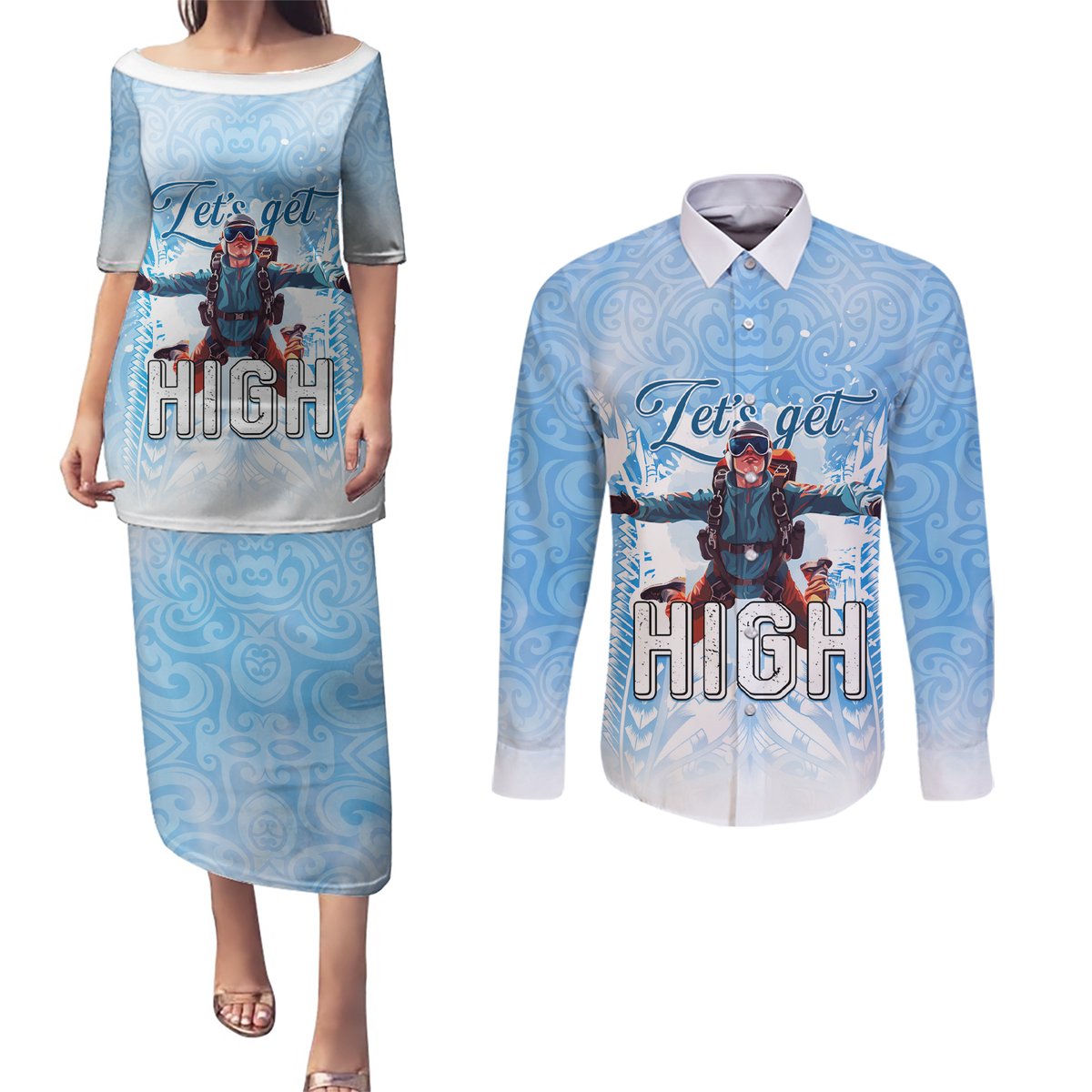 New Zealand Sky Diving Couples Matching Puletasi and Long Sleeve Button Shirt Lets Get High LT05 Blue - Polynesian Pride