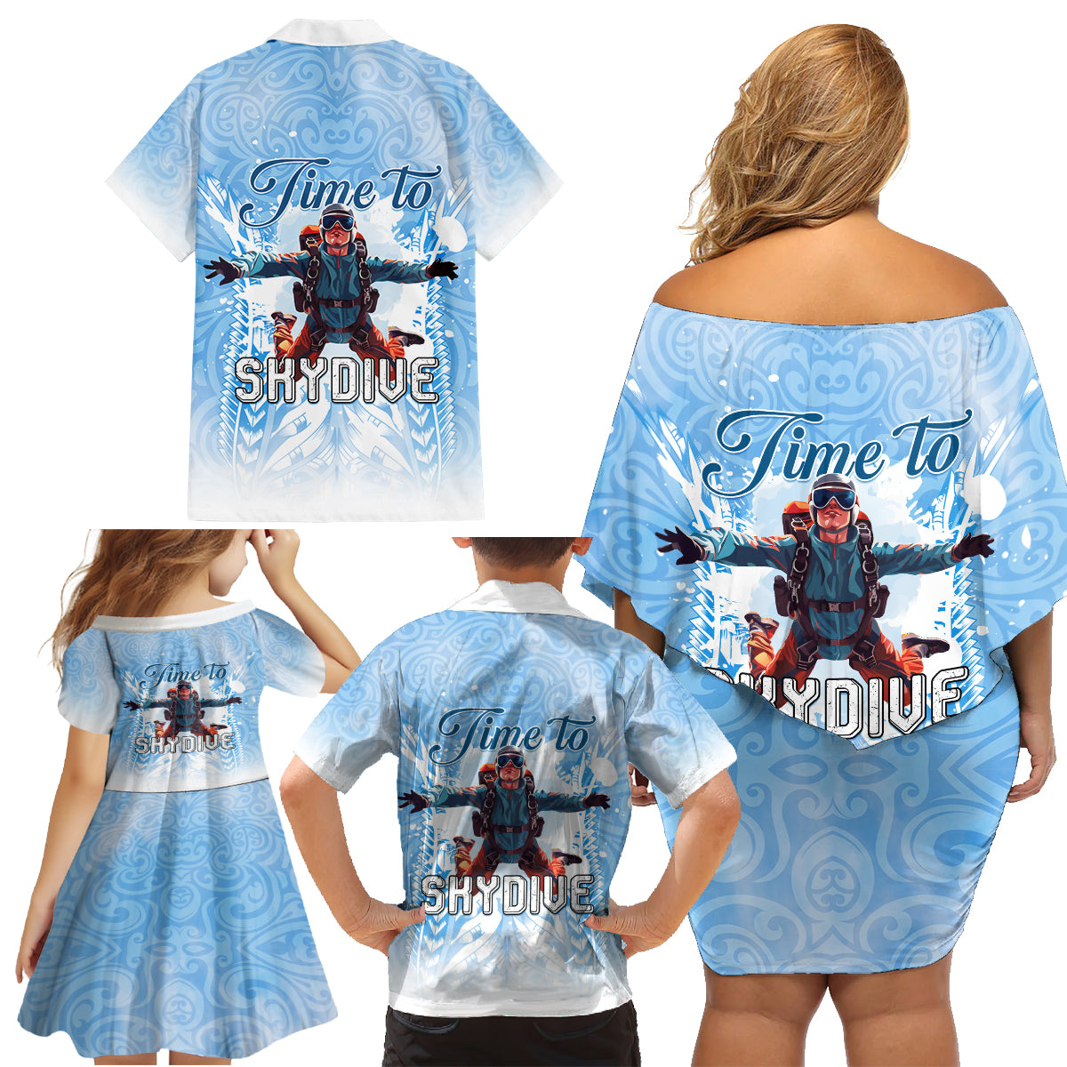 New Zealand Sky Diving Family Matching Off Shoulder Short Dress and Hawaiian Shirt Lets Get High