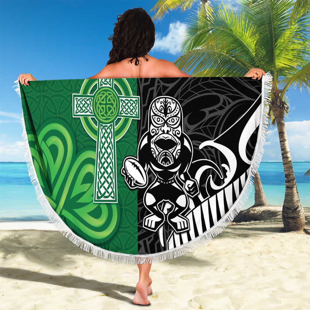 New Zealand And Ireland Rugby Custom Beach Blanket Maori Tiki With Shamrock