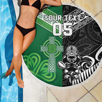 New Zealand And Ireland Rugby Custom Beach Blanket Maori Tiki With Shamrock