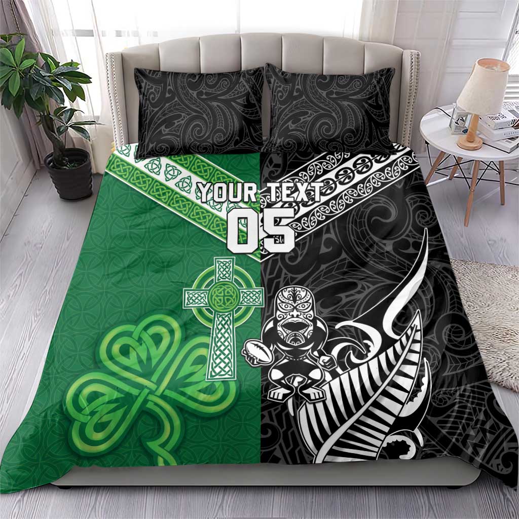 New Zealand And Ireland Rugby Custom Bedding Set Maori Tiki With Shamrock
