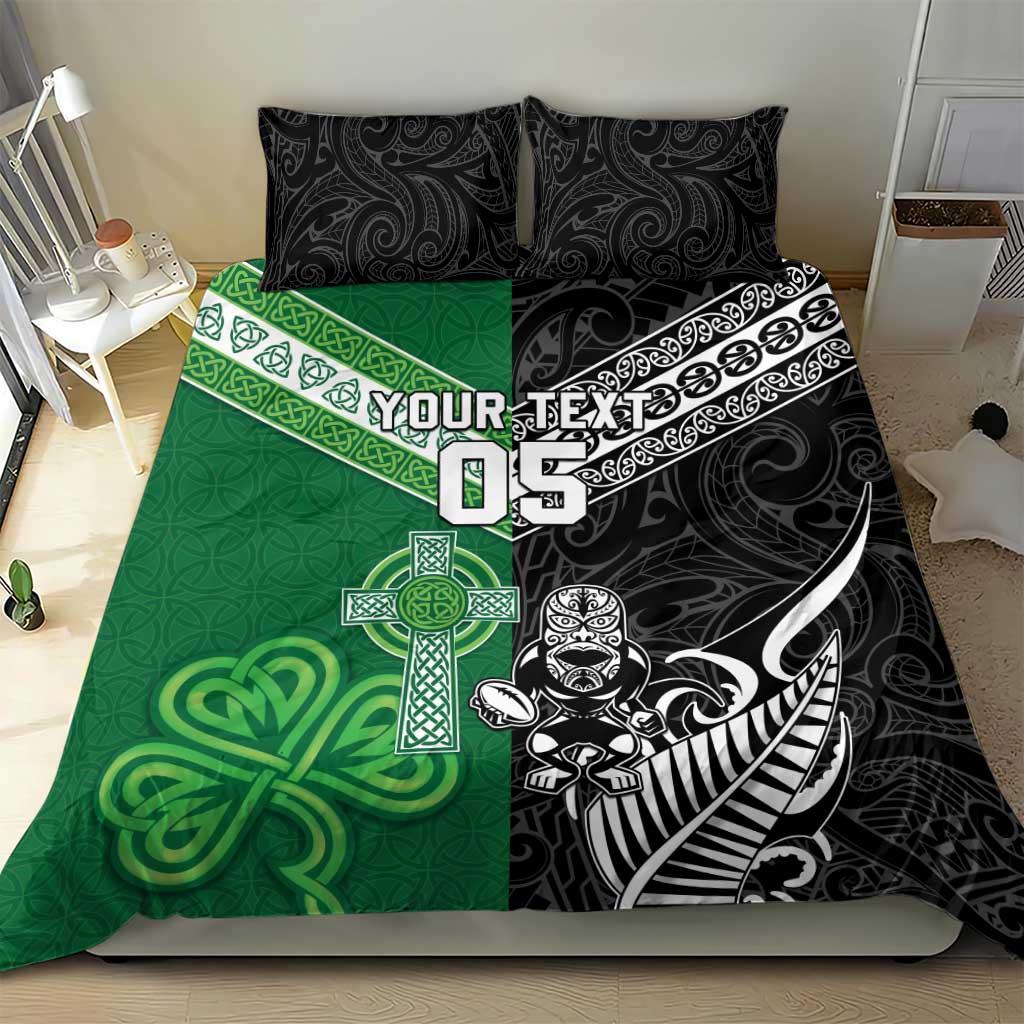 New Zealand And Ireland Rugby Custom Bedding Set Maori Tiki With Shamrock
