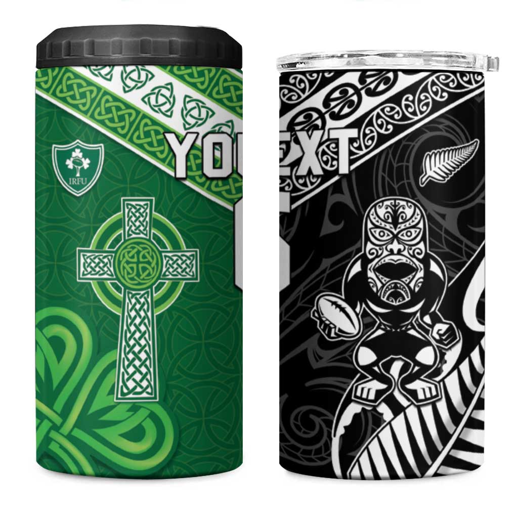 New Zealand And Ireland Rugby Custom 4 in 1 Can Cooler Tumbler Maori Tiki With Shamrock