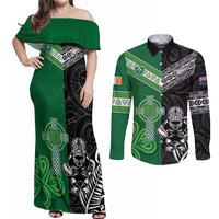 New Zealand And Ireland Rugby Custom Couples Matching Off Shoulder Maxi Dress and Long Sleeve Button Shirt Maori Tiki With Shamrock