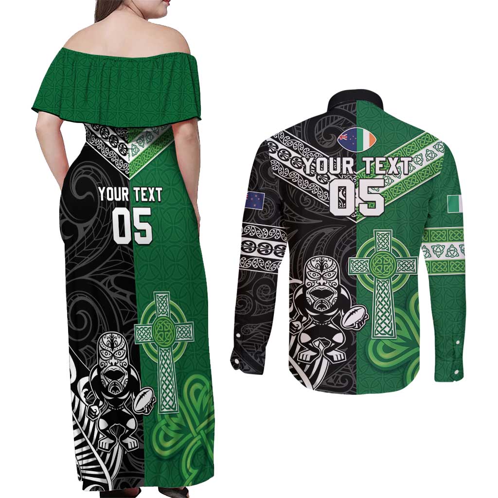 New Zealand And Ireland Rugby Custom Couples Matching Off Shoulder Maxi Dress and Long Sleeve Button Shirt Maori Tiki With Shamrock