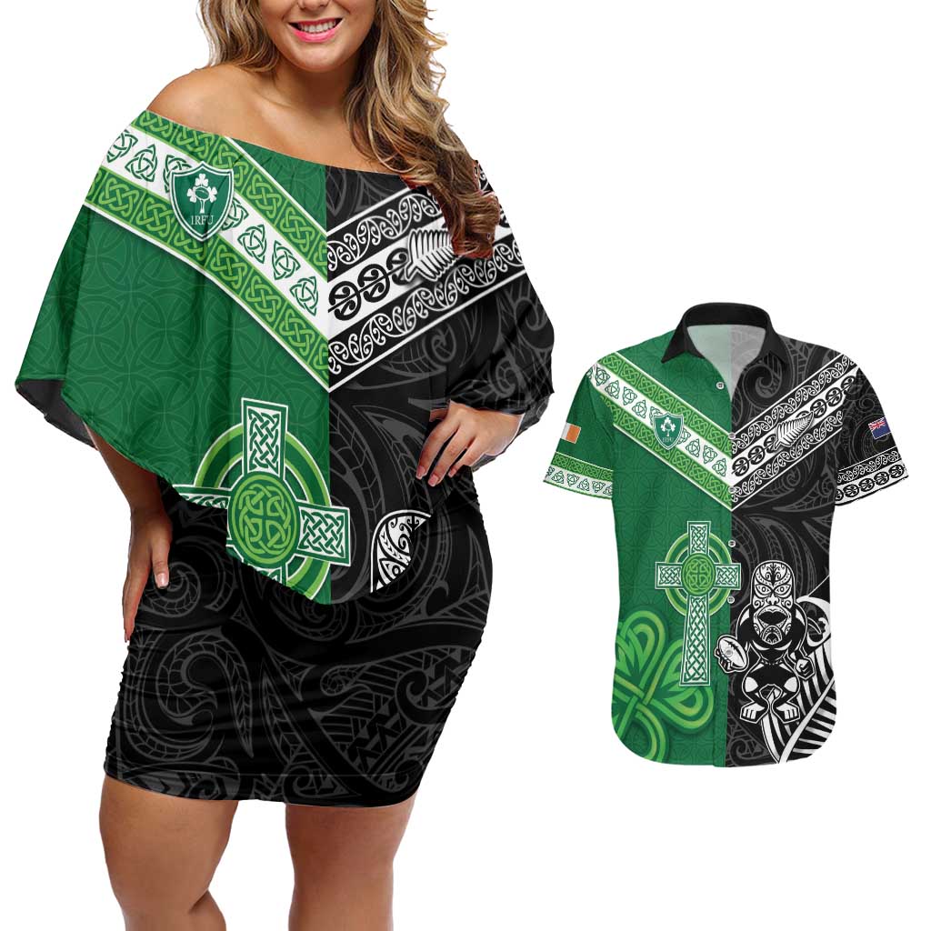 New Zealand And Ireland Rugby Custom Couples Matching Off Shoulder Short Dress and Hawaiian Shirt Maori Tiki With Shamrock