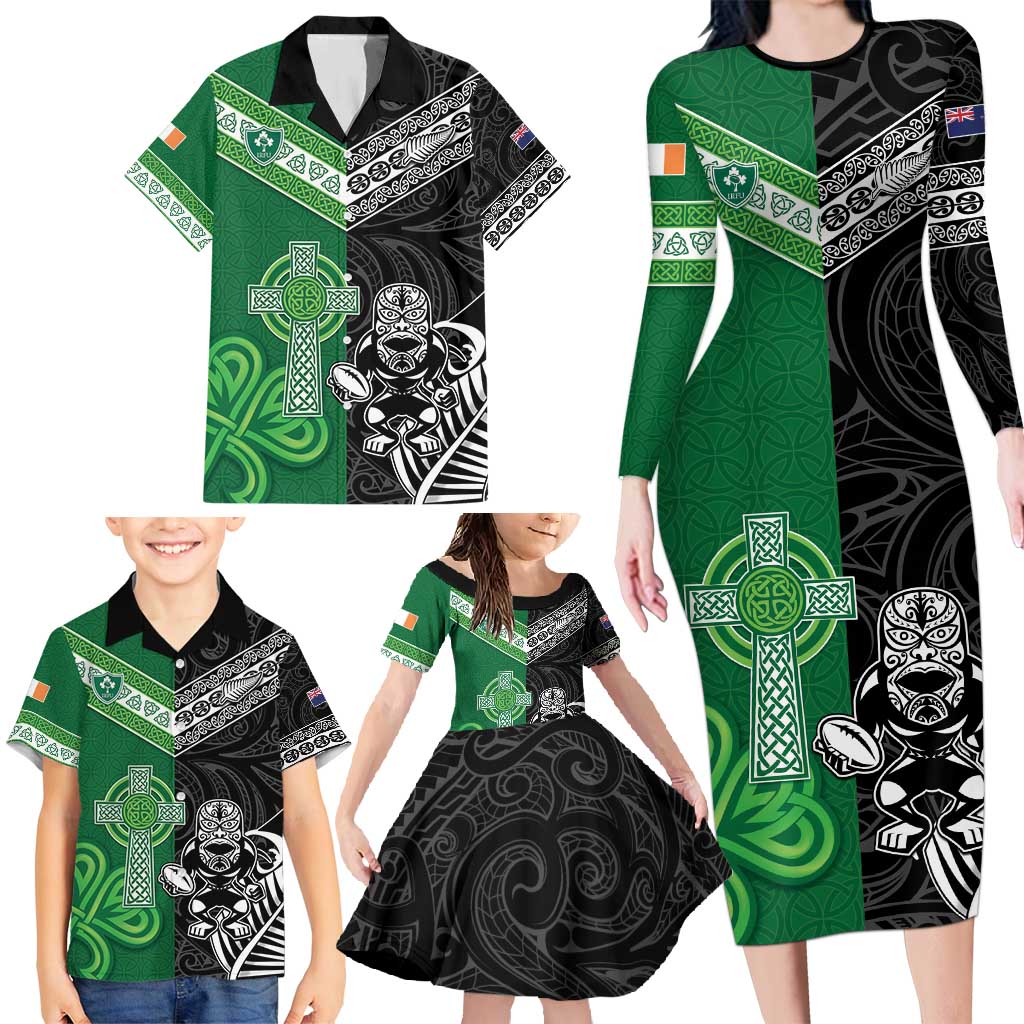 New Zealand And Ireland Rugby Custom Family Matching Long Sleeve Bodycon Dress and Hawaiian Shirt Maori Tiki With Shamrock
