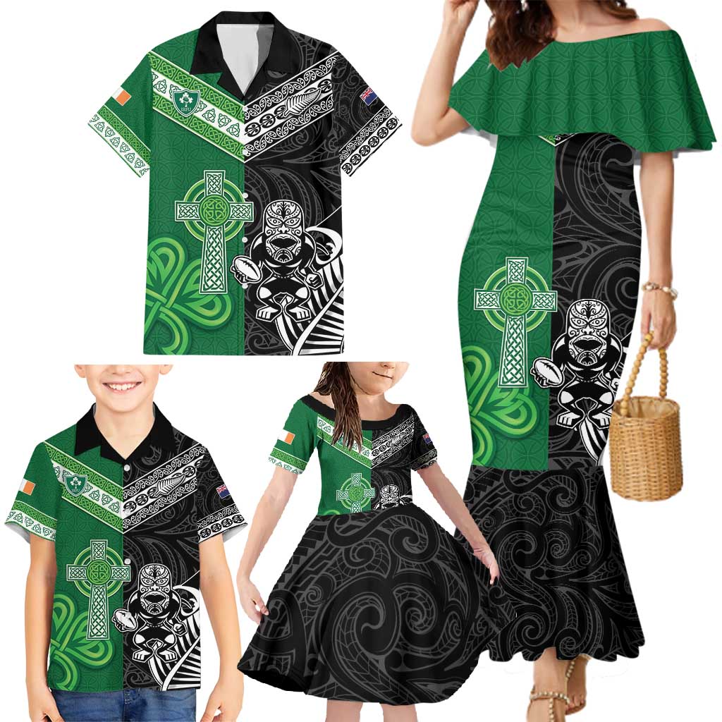 New Zealand And Ireland Rugby Custom Family Matching Mermaid Dress and Hawaiian Shirt Maori Tiki With Shamrock