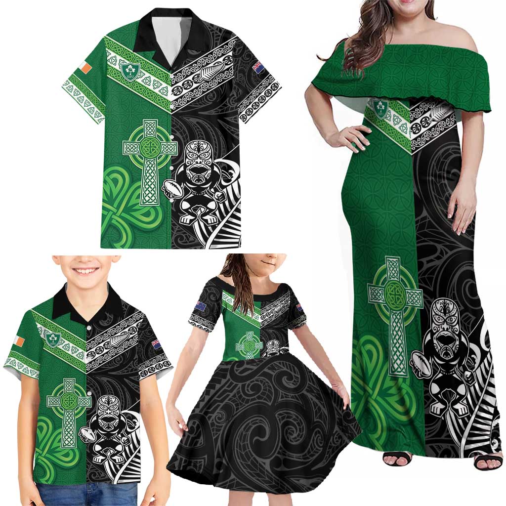 New Zealand And Ireland Rugby Custom Family Matching Off Shoulder Maxi Dress and Hawaiian Shirt Maori Tiki With Shamrock