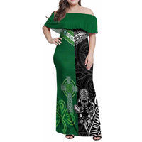 New Zealand And Ireland Rugby Custom Family Matching Off Shoulder Maxi Dress and Hawaiian Shirt Maori Tiki With Shamrock