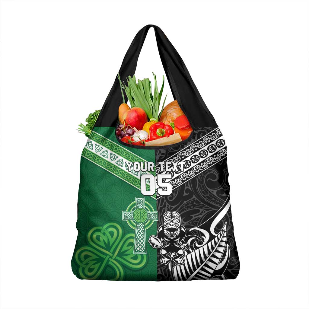 New Zealand And Ireland Rugby Custom Grocery Bag Maori Tiki With Shamrock