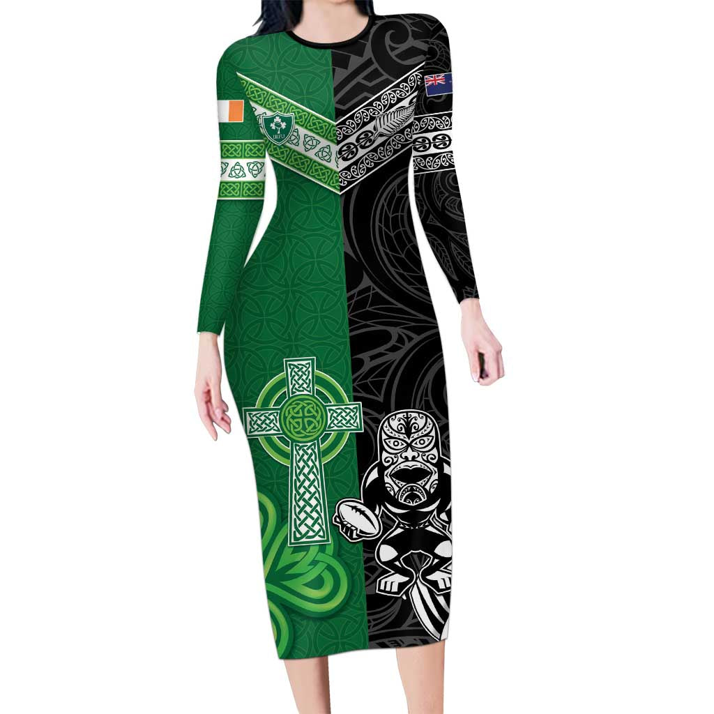 New Zealand And Ireland Rugby Custom Long Sleeve Bodycon Dress Maori Tiki With Shamrock