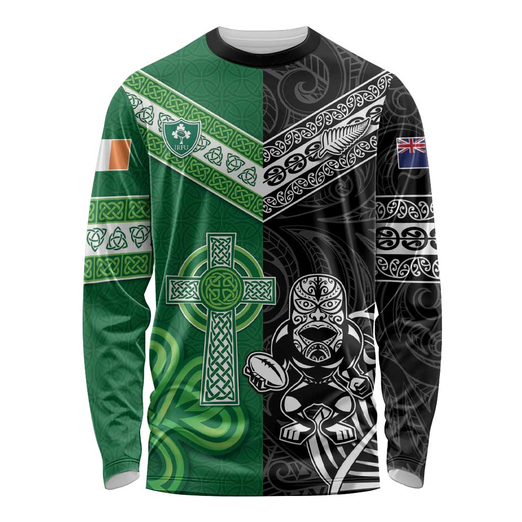 New Zealand And Ireland Rugby Custom Long Sleeve Shirt Maori Tiki With Shamrock