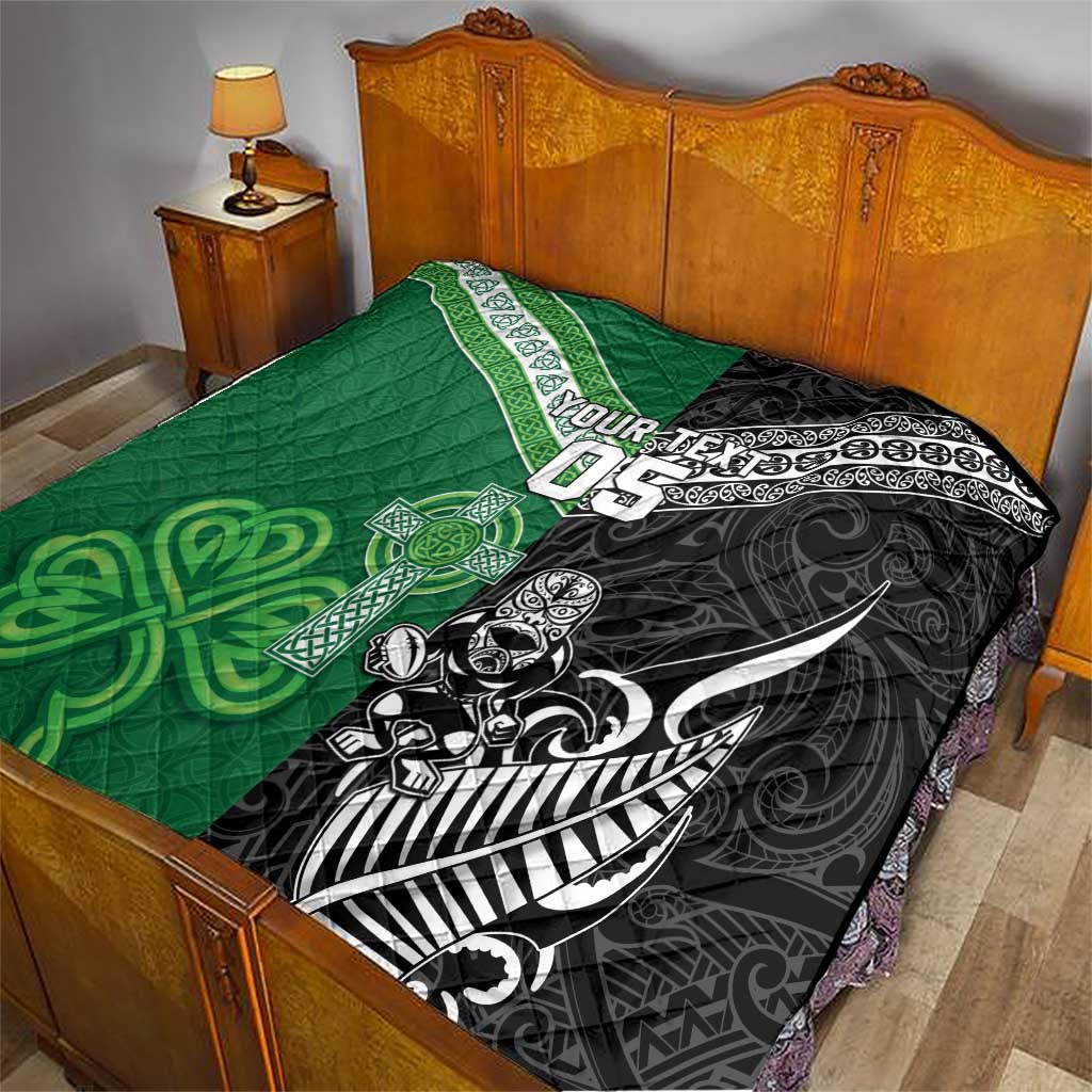 New Zealand And Ireland Rugby Custom Quilt Maori Tiki With Shamrock