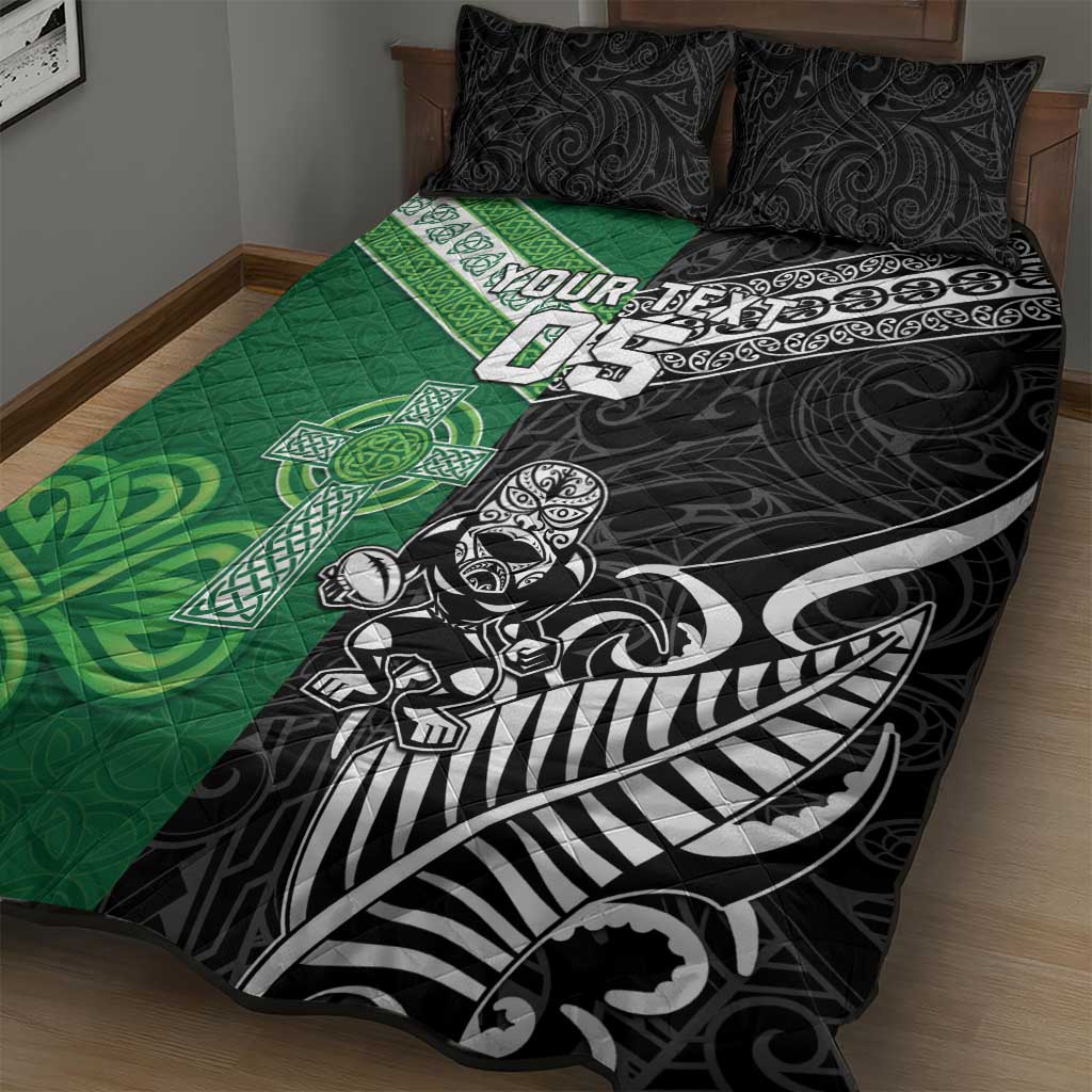 New Zealand And Ireland Rugby Custom Quilt Bed Set Maori Tiki With Shamrock