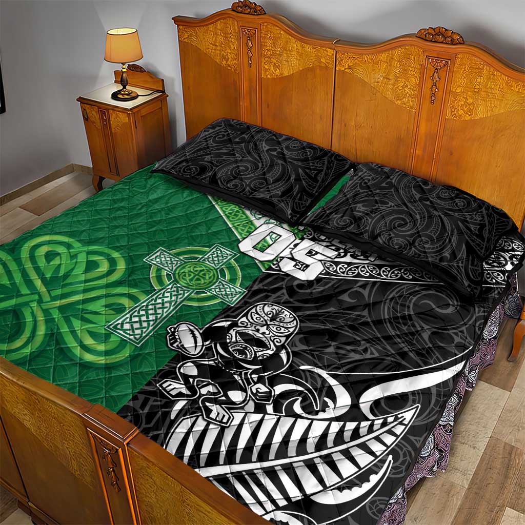 New Zealand And Ireland Rugby Custom Quilt Bed Set Maori Tiki With Shamrock