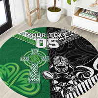 New Zealand And Ireland Rugby Custom Round Carpet Maori Tiki With Shamrock