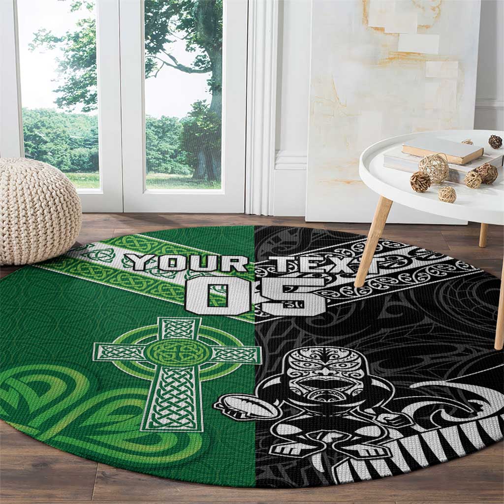 New Zealand And Ireland Rugby Custom Round Carpet Maori Tiki With Shamrock