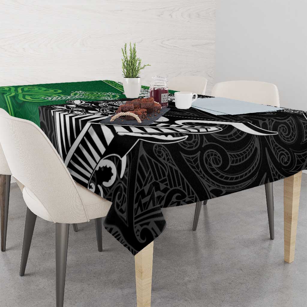 New Zealand And Ireland Rugby Custom Tablecloth Maori Tiki With Shamrock