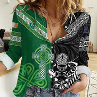 New Zealand And Ireland Rugby Custom Women Casual Shirt Maori Tiki With Shamrock
