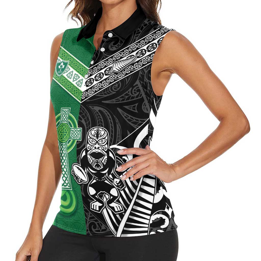 New Zealand And Ireland Rugby Custom Women Sleeveless Polo Shirt Maori Tiki With Shamrock