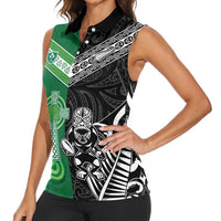 New Zealand And Ireland Rugby Custom Women Sleeveless Polo Shirt Maori Tiki With Shamrock
