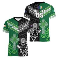 New Zealand And Ireland Rugby Custom Women V-Neck T-Shirt Maori Tiki With Shamrock
