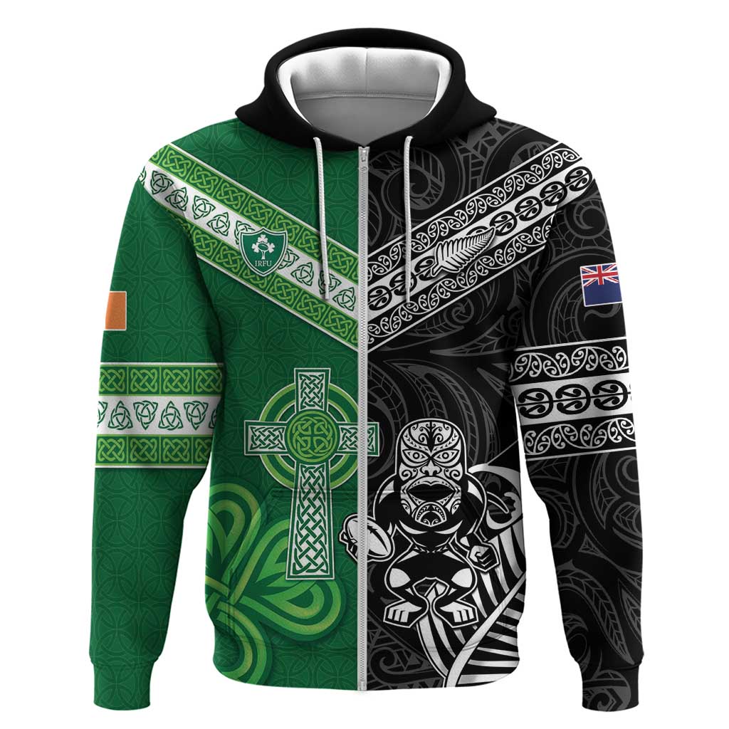 New Zealand And Ireland Rugby Custom Zip Hoodie Maori Tiki With Shamrock