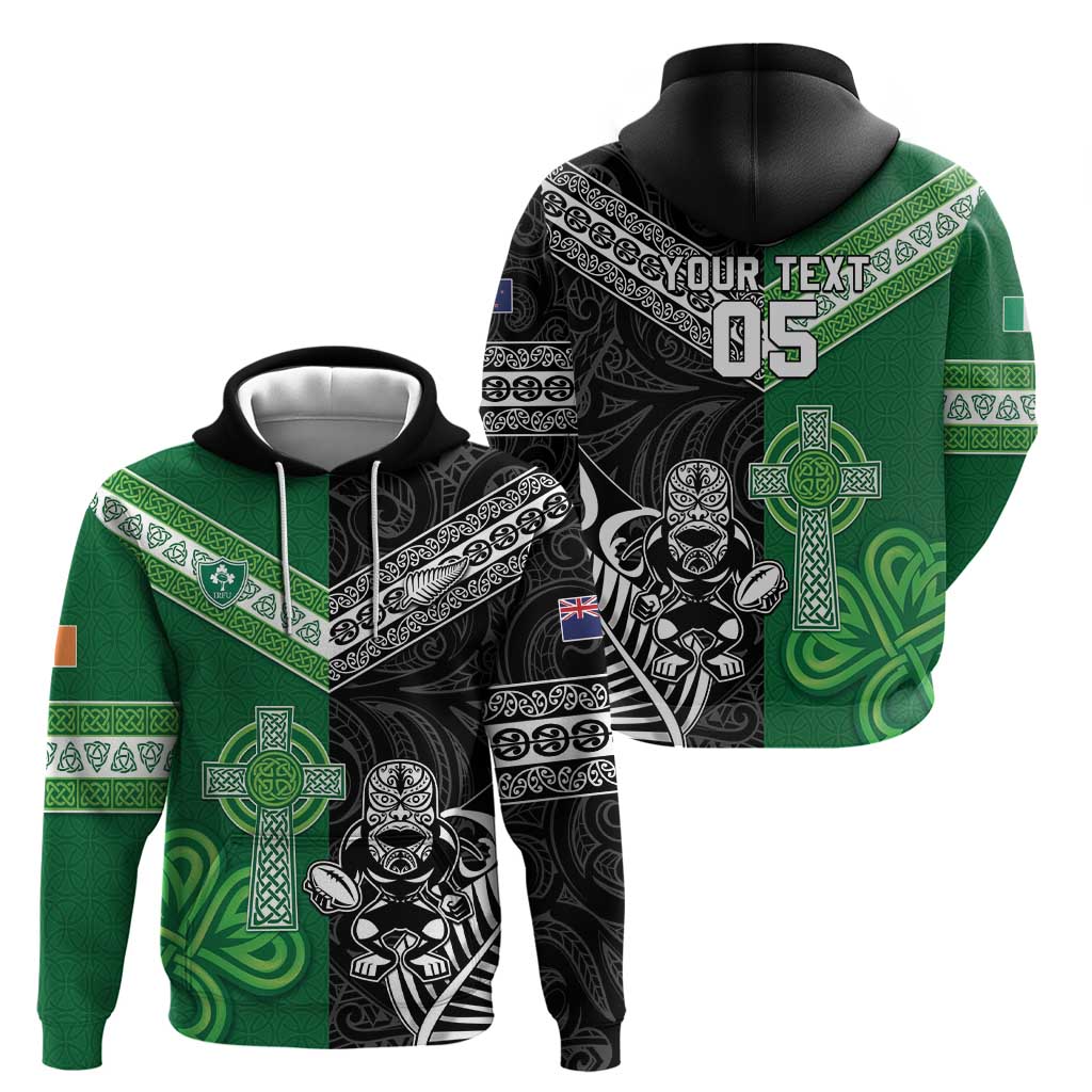 New Zealand And Ireland Rugby Custom Zip Hoodie Maori Tiki With Shamrock