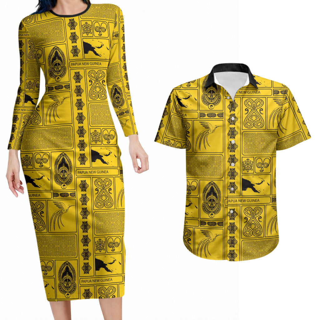 Papua New Guinea Heritage Motif Couples Matching Long Sleeve Bodycon Dress and Hawaiian Shirt Yellow Version LT05 Yellow - Polynesian Pride