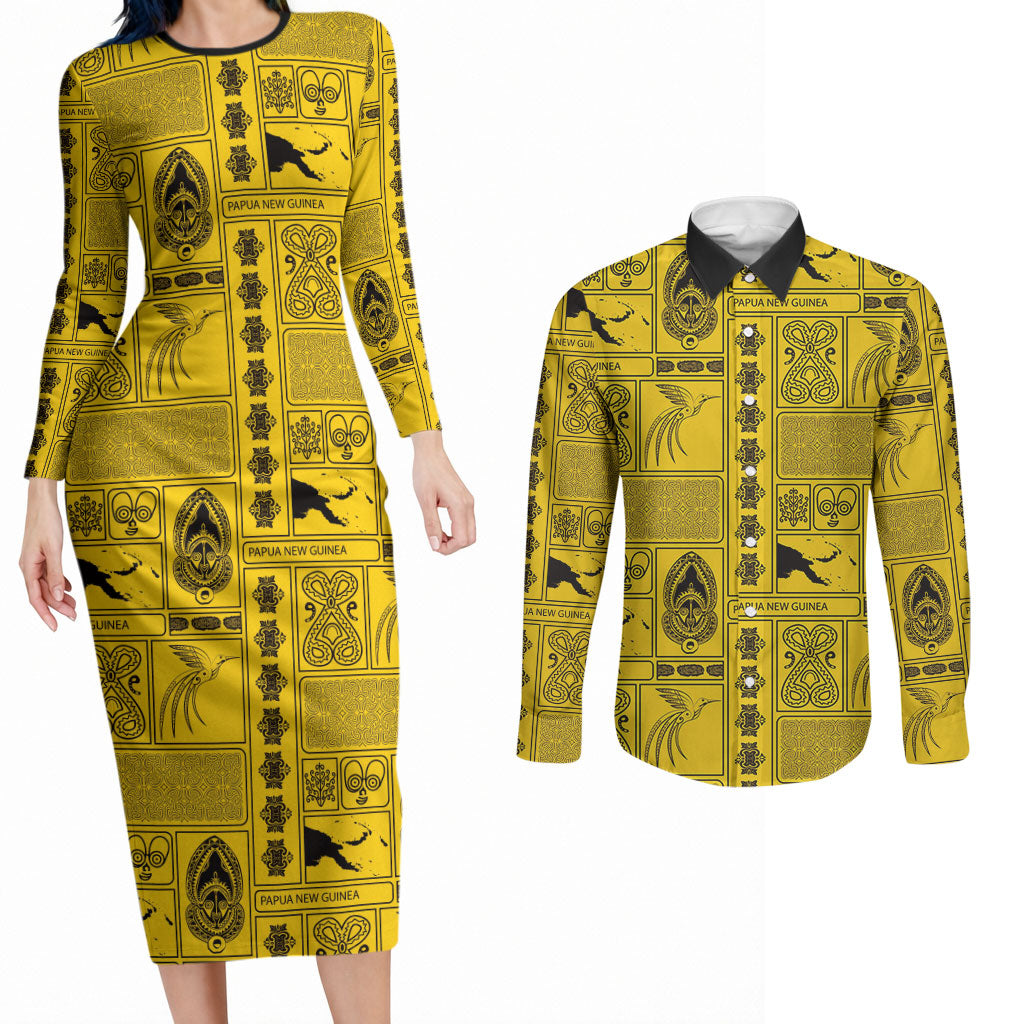 Papua New Guinea Heritage Motif Couples Matching Long Sleeve Bodycon Dress and Long Sleeve Button Shirt Yellow Version LT05 Yellow - Polynesian Pride