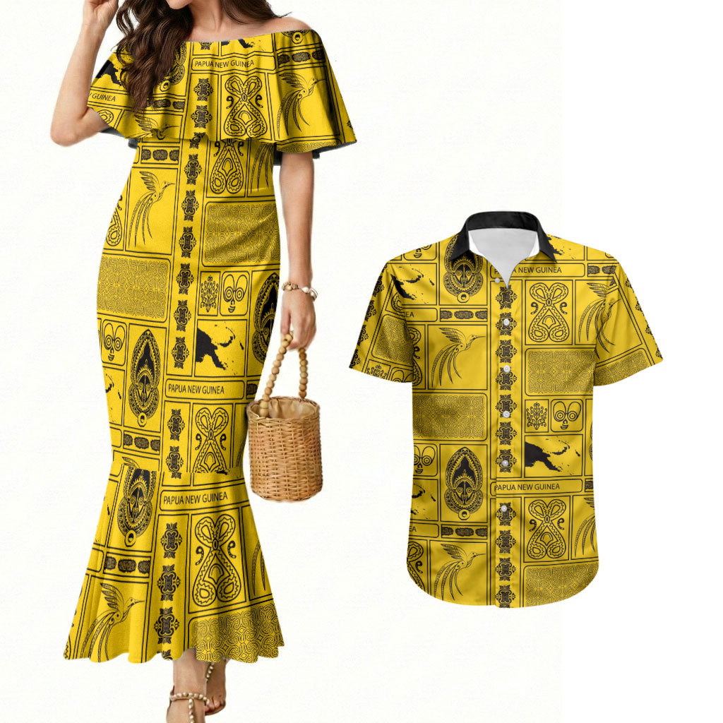Papua New Guinea Heritage Motif Couples Matching Mermaid Dress and Hawaiian Shirt Yellow Version LT05 Yellow - Polynesian Pride