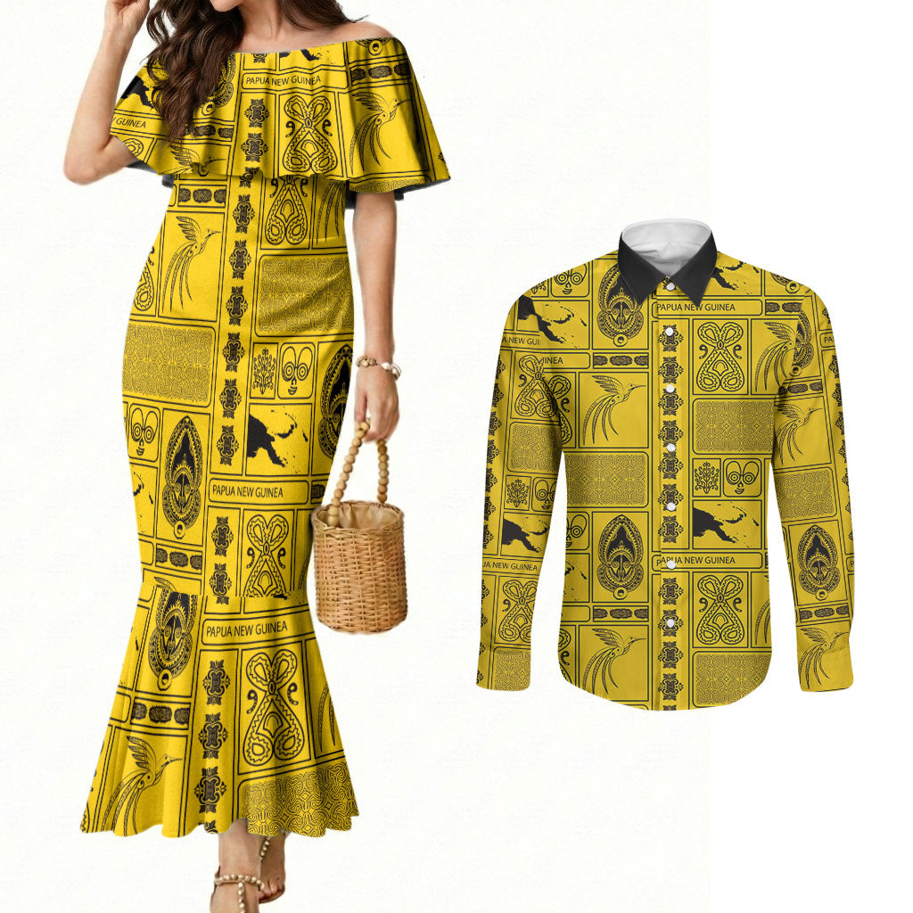 Papua New Guinea Heritage Motif Couples Matching Mermaid Dress and Long Sleeve Button Shirt Yellow Version LT05 Yellow - Polynesian Pride