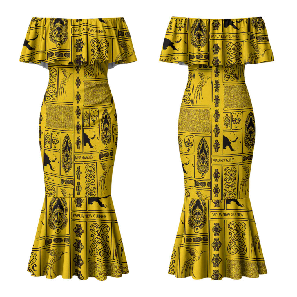 Papua New Guinea Heritage Motif Couples Matching Mermaid Dress and Long Sleeve Button Shirt Yellow Version LT05 - Polynesian Pride