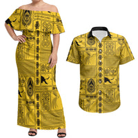 Papua New Guinea Heritage Motif Couples Matching Off Shoulder Maxi Dress and Hawaiian Shirt Yellow Version LT05 Yellow - Polynesian Pride