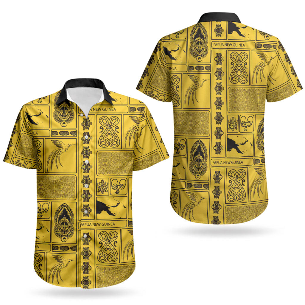 Papua New Guinea Heritage Motif Couples Matching Off Shoulder Maxi Dress and Hawaiian Shirt Yellow Version LT05 - Polynesian Pride
