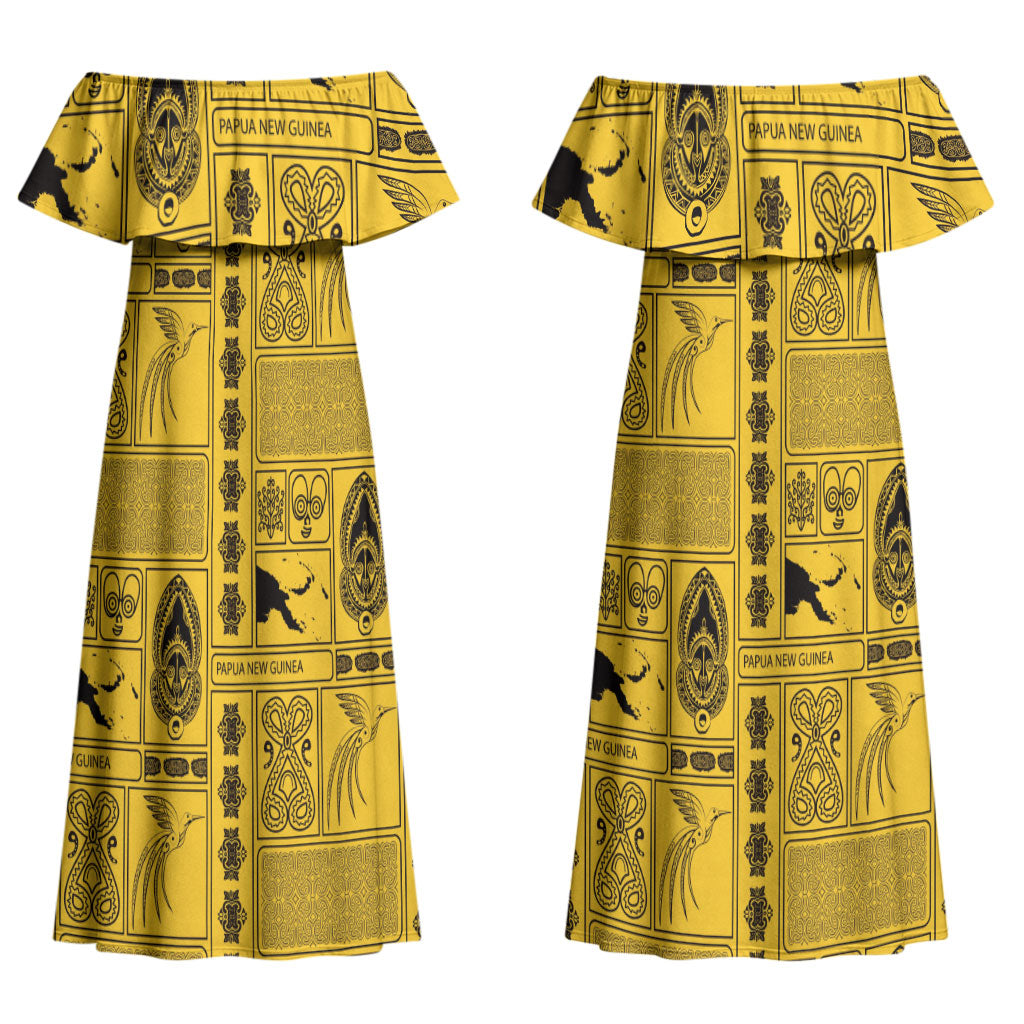 Papua New Guinea Heritage Motif Couples Matching Off Shoulder Maxi Dress and Hawaiian Shirt Yellow Version LT05 - Polynesian Pride